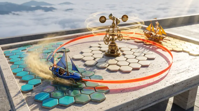 A Hexanaut.io ihlette napsütötte hatszögletű arénatábla, ahol egy kobaltkék sikló vörös selyemszalaggal kerít körbe türkiz kerámia mezőket és egy forgó sárgaréz totemet.